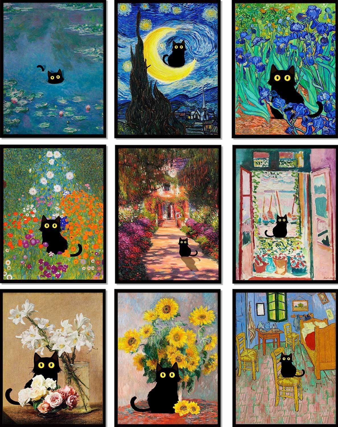 Funny Black Cat Wall Art Set (9 Prints)
