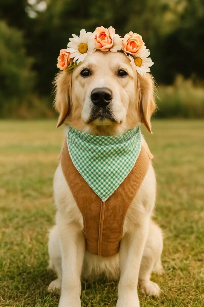 dog wearing a brown vest, green bandana and a flower tiara 