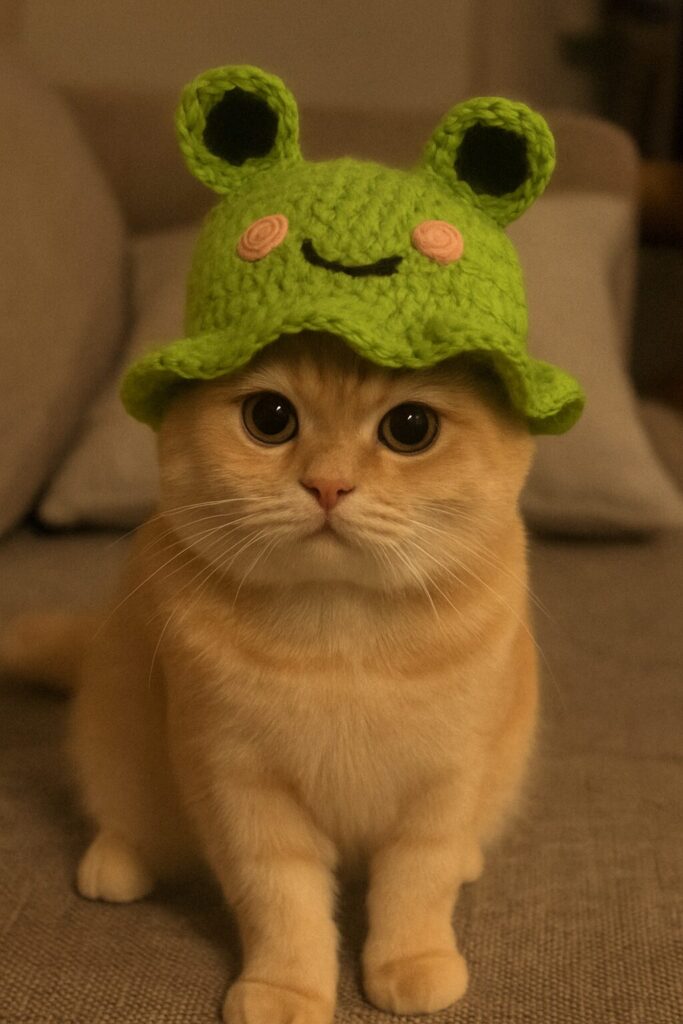a cute cat wearing a handmade knotted frog cap for winter