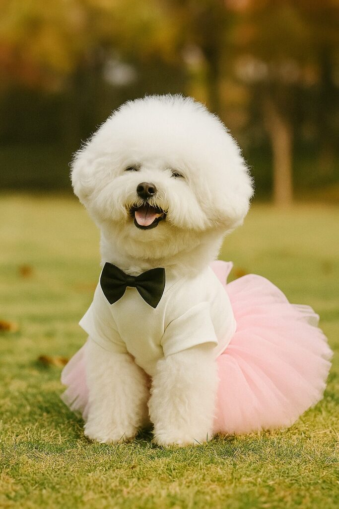 a cute dog wearing a bow tie and a tulle skirt in pink color