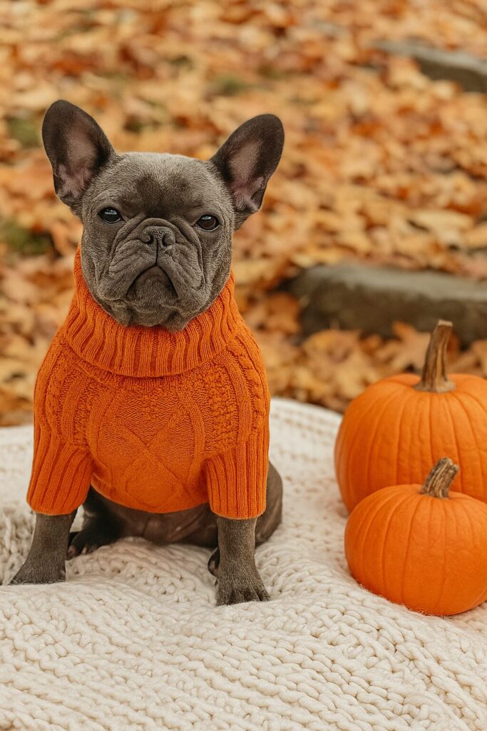 a Pitbull dog wearing orange Classic Cozy Sweater outside yard autumn season. 