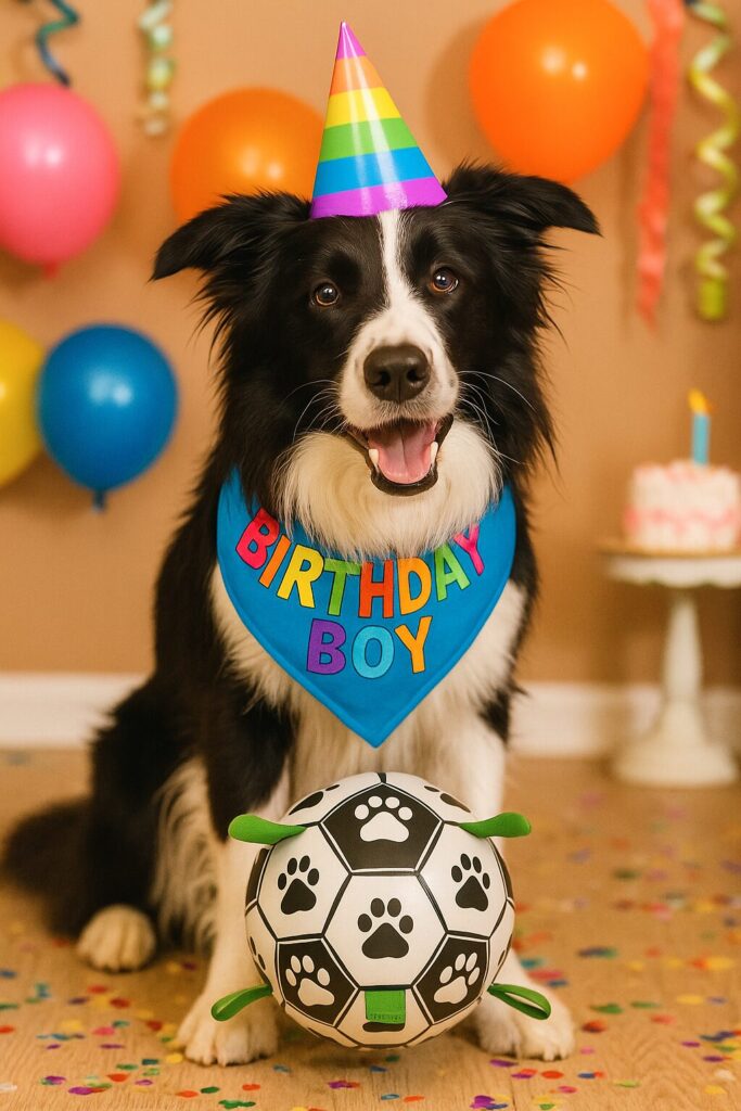 birthday dog wearing bandana with ball gifts