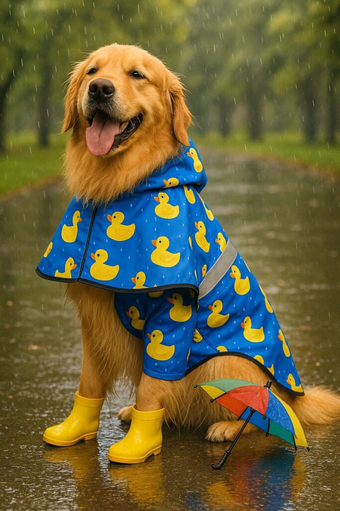 dog wearing a blue raincoat in the road raining