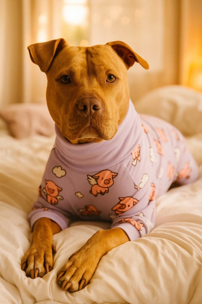 dog wearing purple pajama