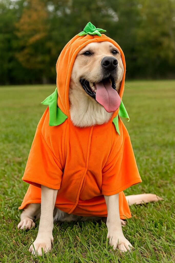 a dog wearing pumpkin dress for halloween