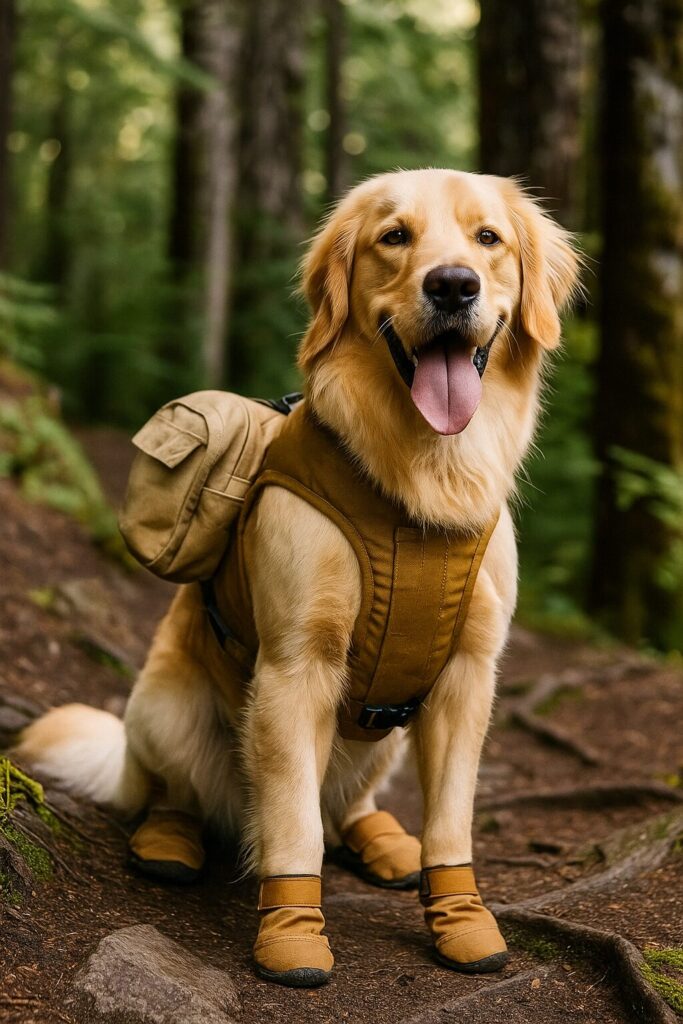 dog with backpack, boots and vest in woods